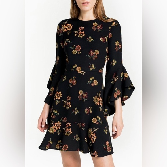 A.L.C. Cassidy Crew Neck Long-Sleeve Black Floral Silk Dress Size 8 - Picture 1 of 16